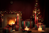 Fototapeta Nowy Jork - view of wrapped gifts and fireplace with christmas tree on the back