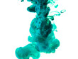 turquoise paint dissolves in water on a white background like a cloud or smoke