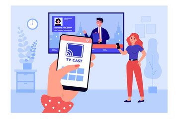 Wall Mural - woman connecting smartphone to television and watching news. mobile app for casting to tv flat vecto