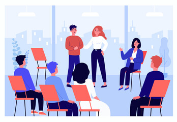 Wall Mural - cartoon man sharing problems in group therapy. people sitting in circle and consulting with therapis