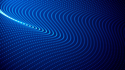 Wave of flowing particles on a dark background. Abstract backdrop with dynamic elements of waves and dots. Vector