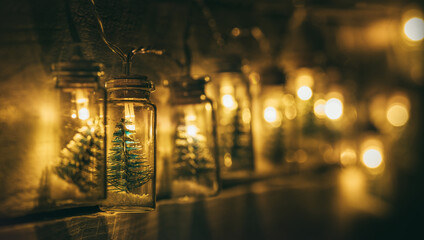 Christmas decoration electric garland with little Christmas tree inside warm-toned lights covered on the wooden board wall. Christmas mood wide-open aperture concept image.