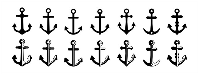 Wall Mural - Anchor icons set collection. Assorted ship anchors vector set. Nautical and sailing symbol. Vector stock illustration.