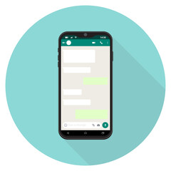 Mockup of phone with mobile messenger on screen, inspired by WhatsApp and other similar apps. Modern design. Mockup design of mobile messenger.