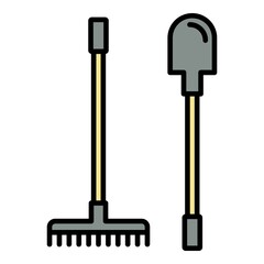 Sticker - Garden rake shovel icon. Outline garden rake shovel vector icon color flat isolated