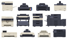 Office Professional Equipment Printer Scanner Copier Machines. Technology Office Devices, Inkjet Printer, Copier Vector Illustration Set. Digital Printing Machine