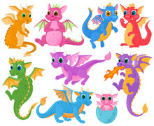 Cartoon Cute Baby Fairytale Fantasy Dragons Characters. Medieval Creatures Dragon Kids, Fairytale Legends Cute Dino Babies Vector Illustration Set. Little Cartoon Dragons