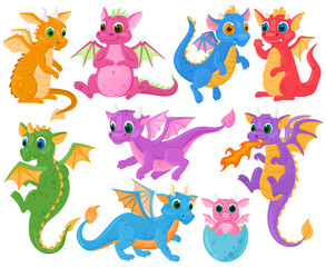 Wall Mural - Cartoon cute baby fairytale fantasy dragons characters. Medieval creatures dragon kids, fairytale legends cute dino babies vector illustration set. Little cartoon dragons