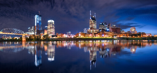 Wall Mural - nashville skyline by river front during blue hour