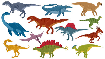 Wall Mural - Cartoon dinosaurs, jurassic extinct dino raptors, predators and herbivores. Jurassic dinosaurs reptile, tyrannosaurus, stegosaurus, pterodactyl vector illustration set