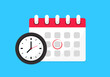 © Vlad - Calendar icon with clock. Calendar deadline. Icon notice message with clock, agenda symbol with selected important day. Business concept. Time appointment, reminder date concept, time management.
