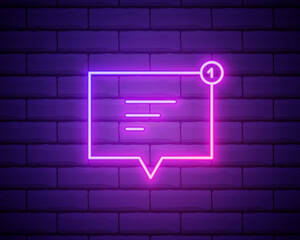 Speech bubble pink glowing neon ui ux icon. Glowing sign logo vector . Glowing speech bubble isolated on brick wall background .