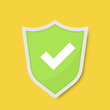 Shield With Check Mark Icon On Yellow Background. Security Green Label. Safe And Protect Logo. Privacy Banner. Security Label. Vector