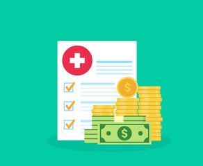 Medical document with money. Form of health insurance. Idea of expensive medicine, health care costs or expenses. medicare spendings. Expensive medicine idea. Vector illustration