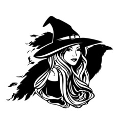 Wall Mural - beautiful witch with long hair wearing traditional hat and her pet raven bird - halloween sorceress costume black and white vector portrait