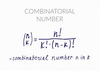 Combinatorial number formula. Vector mathematical theorem handwritten on a checkered sheet