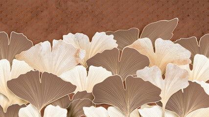 Stylish abstract background with ginkgo leaves in beige tones with texture for wallpaper and web design.