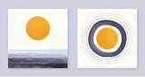 Fototapeta Zachód słońca - Abstract sun and sea watercolor design, paintbrush circle organic art background set