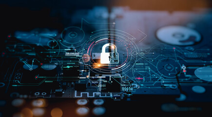 Leinwandbilder - Cyber security.Digital padlock icon,Cyber security technology network and data protection technology on virtual dashboard.Online internet authorized access against cyber attack privacy business data
