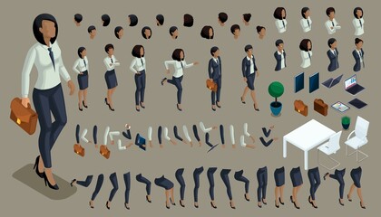 Wall Mural - Iisometric Set of hand gestures and legs of African American woman 3d business lady. Create your isometric office worker for vector illustrations