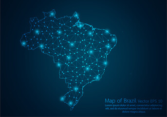 Abstract mash line and point scales on dark background with map of Brazil.3D mesh polygonal network line, design sphere, dot and structure. Vector illustration eps 10.