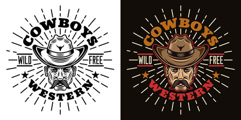 Western vector vintage emblem, label, badge or logo with cowboy head illustration in two styles black on white and colorful on dark background