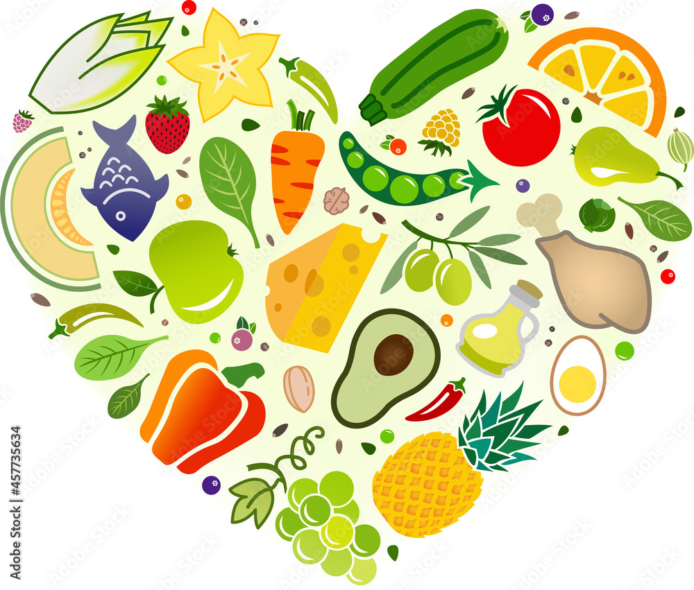 Love food vector illustration. Colourful heart of healthy vegetables,  fruit, dairy, meat. Flat lay of ingredients icons isolated on white. Healthy  eating, balanced diet or dieting, detox, nutrition. Stock Vector | Adobe, image size:1000x851