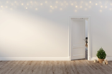 Wall Mural - Modern room with a glowing garland on the blank white wall with an open door, a small Christmas tree in a wicker basket next to wrapped gifts on a wooden floor. Front view. 3d render