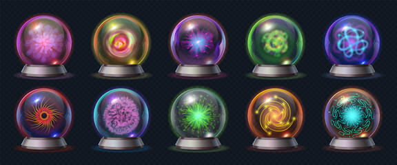 Realistic magic crystal ball with glowing energy and lightnings. Fortune predict sphere, occult glass globe with mystical effects vector set