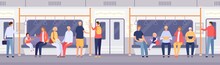 Passenger Crowd Inside Subway Train Or City Bus. Cartoon People Standing And Sitting In Public Transport. Travel By Metro Car Vector Concept