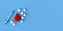 Sugar cubes, blood drop and syringe. World Diabetes Day. Copy space. 3D render.
