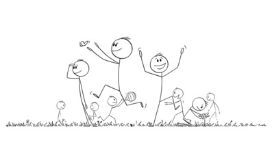 Poster - Group of Happy People Playing and Enjoying Outdoor , Vector Cartoon Stick Figure Illustration