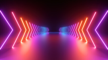 Wall Mural - 3d render, gradient glowing neon arrows, abstract wide background, direction concept