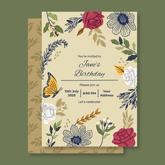 birthday card template with floral ornaments vector design illustration