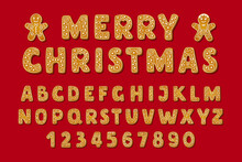 Christmas Gingerbread Alphabet Font And Numbers. Winter Glased Cookies In Shape Of English Letters With Gingerbread Man. Cartoon Vector Illustration