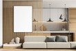 © ImageFlow - Empty canvas on wood panel partition with beige sofa and kitchen