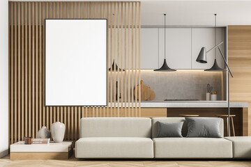 Wall Mural - Empty canvas on wood panel partition with beige sofa and kitchen