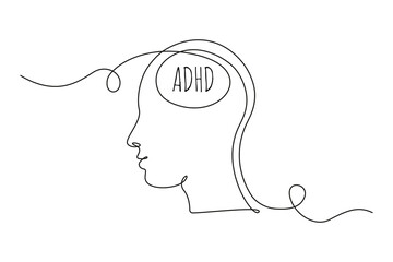 Wall Mural - ADHD concept with man head. One continuous line drawing of messy thoughts and mental Attention disorder. Vector illustration
