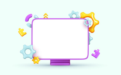 Wall Mural - Desktop computer, blank screen monitor. Creative concept idea. Realistic 3d design icons, gear and puzzle. Configure, web repair, maintenance and website setting. Vector illustration