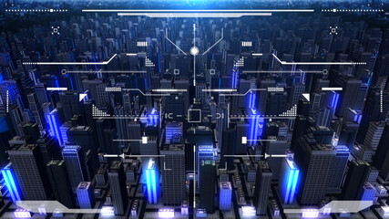 Leinwandbilder - HUD Screen Monitoring Aerial Flying View Smart City Security Check Illustration Background