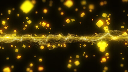 Poster - Abstract Gold Particle Organic Swirl Pattern with 3D Cubic Glow Blur Illustration Background	
