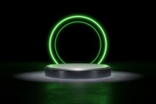 Green Neon Light Product Background Stage Or Podium Pedestal On Grunge Street Floor With Glow Spotlight And Blank Display Platform. 3d Illustration Rendering
