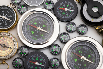 Many navigation compass on white background