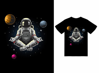 astronaut yoga meditation in space illustration with tshirt design premium vector