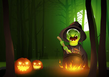 Cartoon Illustration Of A Witch Stirring Potion In The Cauldron In The Dark Scary Woods