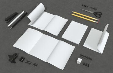 Brochure on a dark background. 3D rendering of an A5 brochure layout with two fold lines in different opening options.