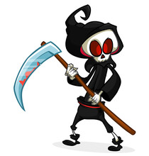 Grim Reaper Cartoon Character With Scythe. Halloween Skeleton Design For Party Invitation Or Poster. Vector Isolated