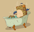 Pleased calm frog is taking a bath in a company of cute tiny fish