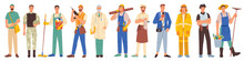 Workers Professions Isolated Flat Cartoon People Set. Vector Policeman, Firefighter, Builder And Cook, Doctor And Farmer, Journalist And Military, Postman, Cleaner. Different Occupations, Man Workers