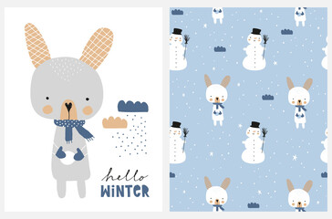 Hello Winter. Infantile Style Vector Illustration and Seamless Pattern with Cute Hand Drawn Baby Bunny and Snowman on a White and Blue Background. Funny Winter Holidays Print ideal for Card, Poster.